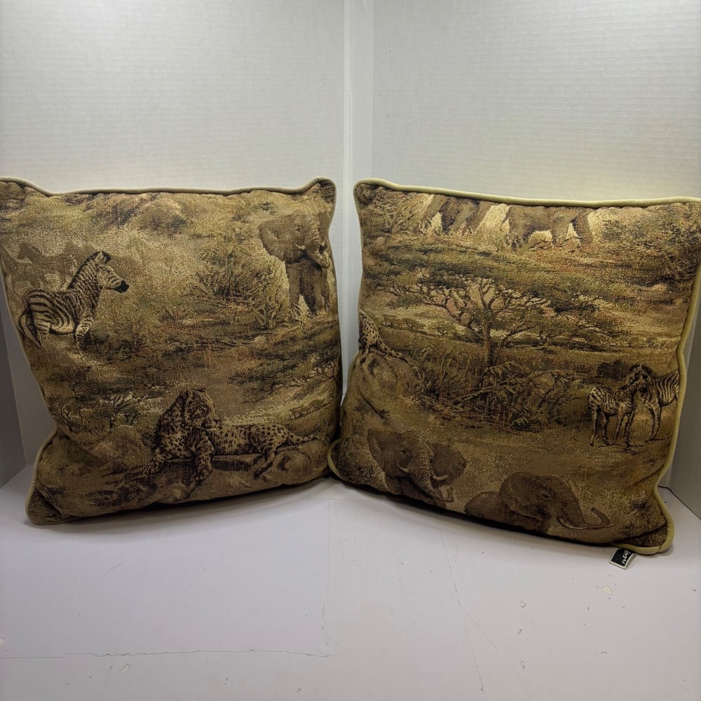 Newport African Safari Tapestry Throw Pillows Set 2 Elephant Zebra Leopard 17"